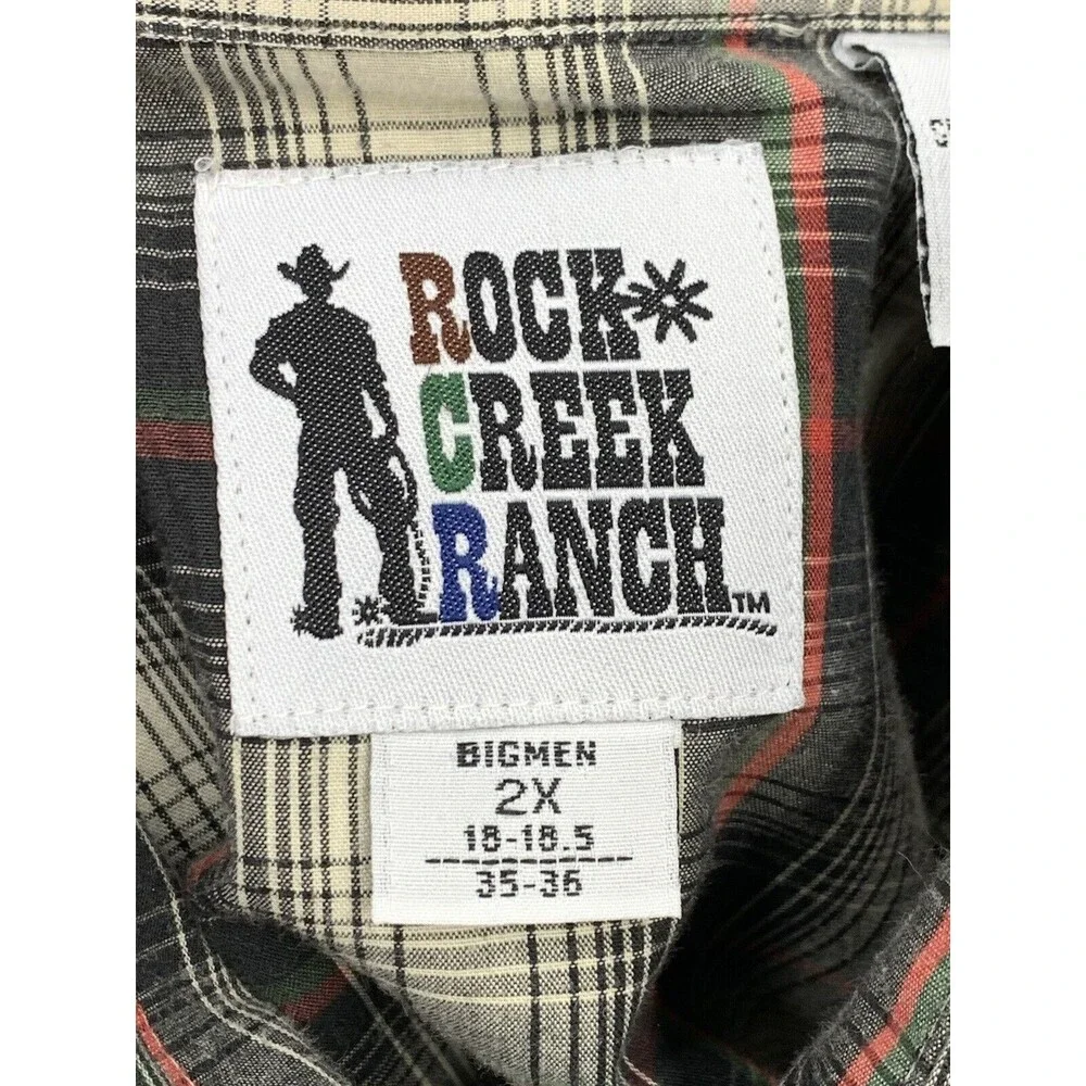 Vtg Rock Creek Ranch Pearl Snap Shirt Big Mens 2XL Green Gray Plaid Top Cowboy